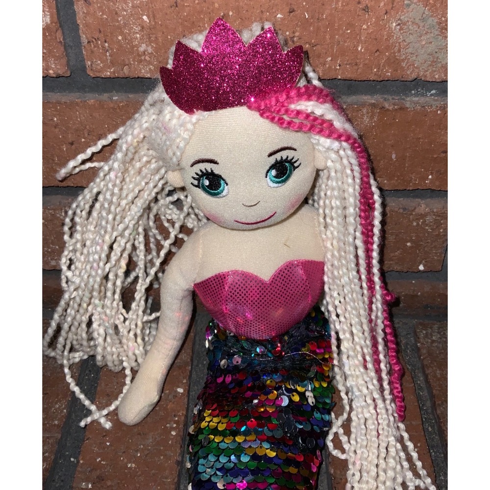 Plush Mermaid Doll Rainbow Flip Sequin Tail White Yarn Hair Pink Glitter Crown - Picture 2 of 4
